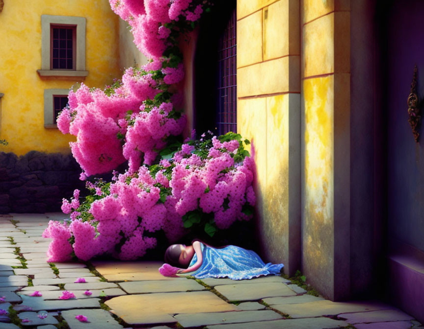 Child Sleeping on Cobblestone Path by Pink Bougainvillea Wall