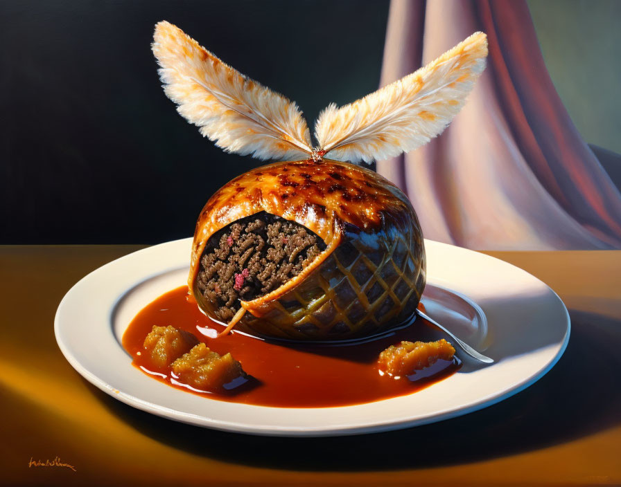 Realistic painting of steak and kidney pudding with feather quills on white plate