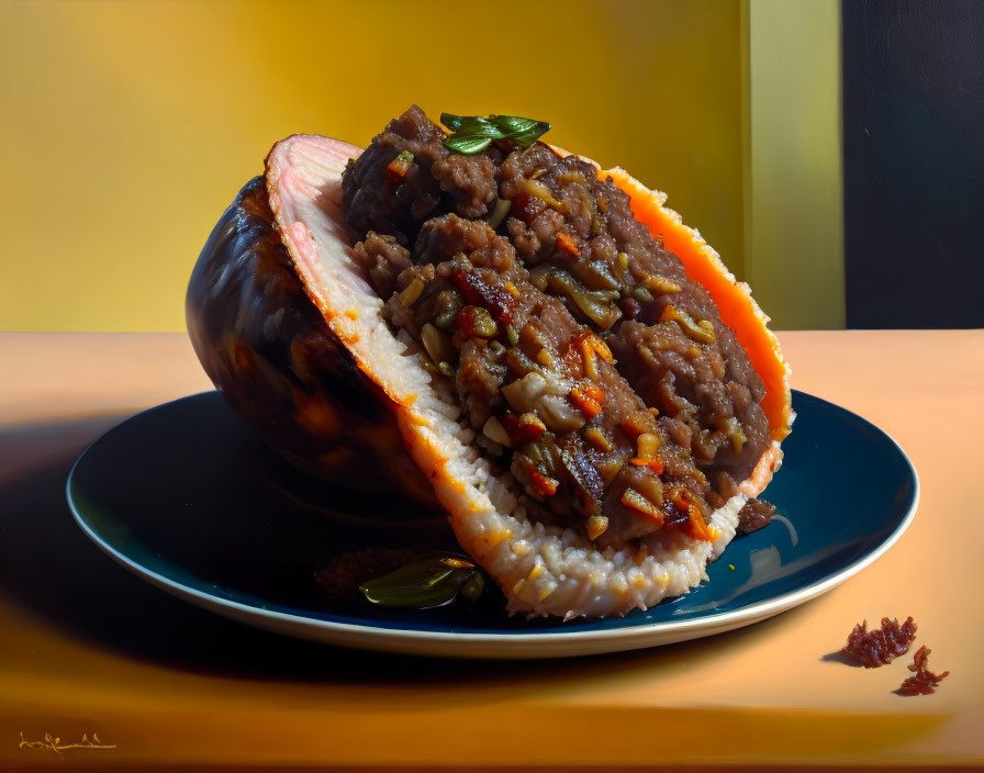 Stuffed Acorn Squash with Seasoned Ground Meat and Vegetables on Blue Plate