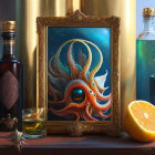 Still life with bottle, glass, orange slice, and octopus painting in gilded frame