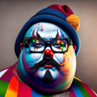 Colorful Clown with Face Paint, Glasses, and Propeller Hat on Muted Background