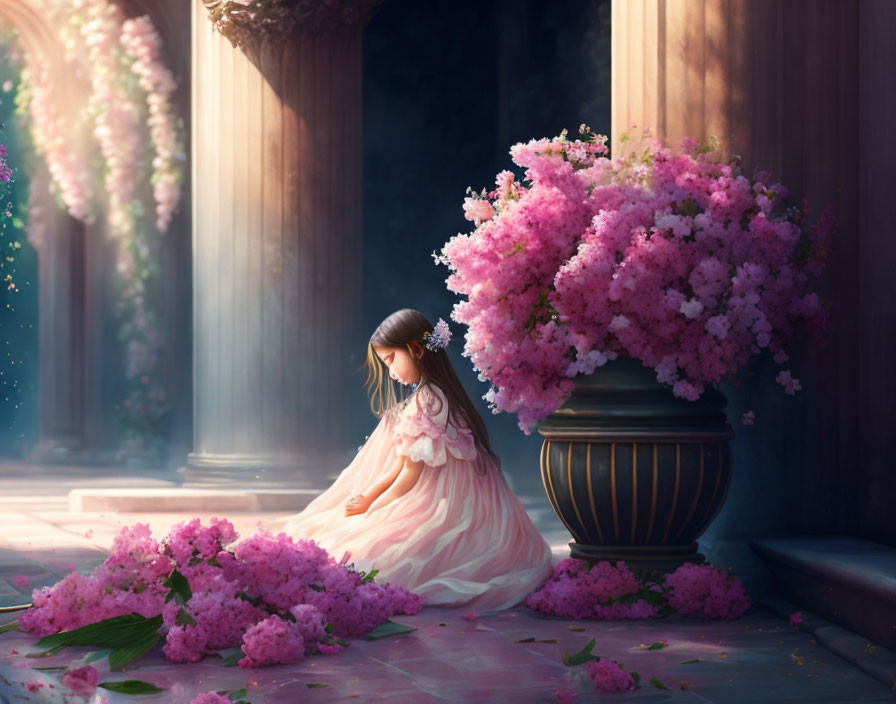 Girl in pastel dress next to large vase with pink blossoms in sunlit hallway