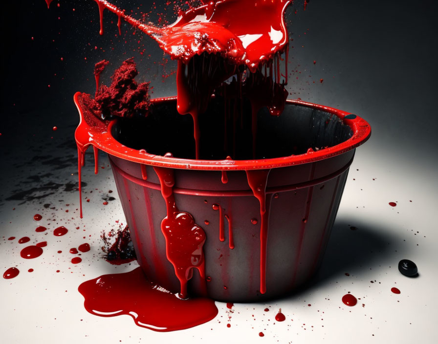 Red paint splashing from brush into bucket on dark background