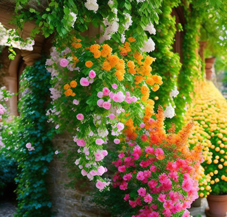 Colorful Flower Display Hanging from Pergola