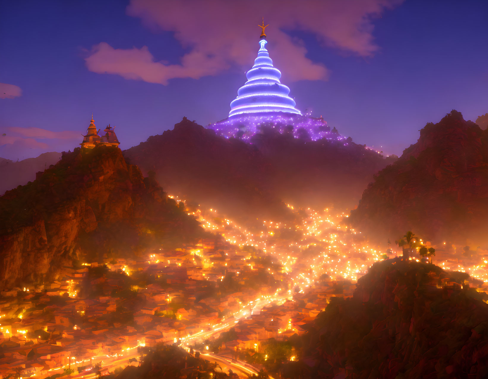 Fantasy city at dusk nestled in mountains with sparkling tiered tower