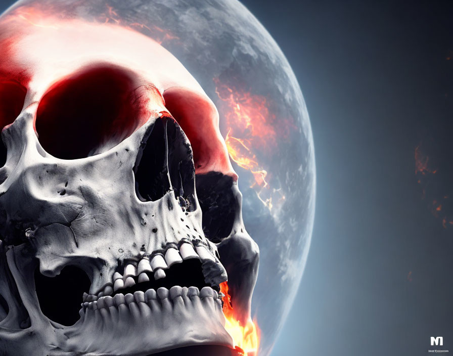 Digital artwork of human skull with glowing red eye socket and fiery trail against moon backdrop