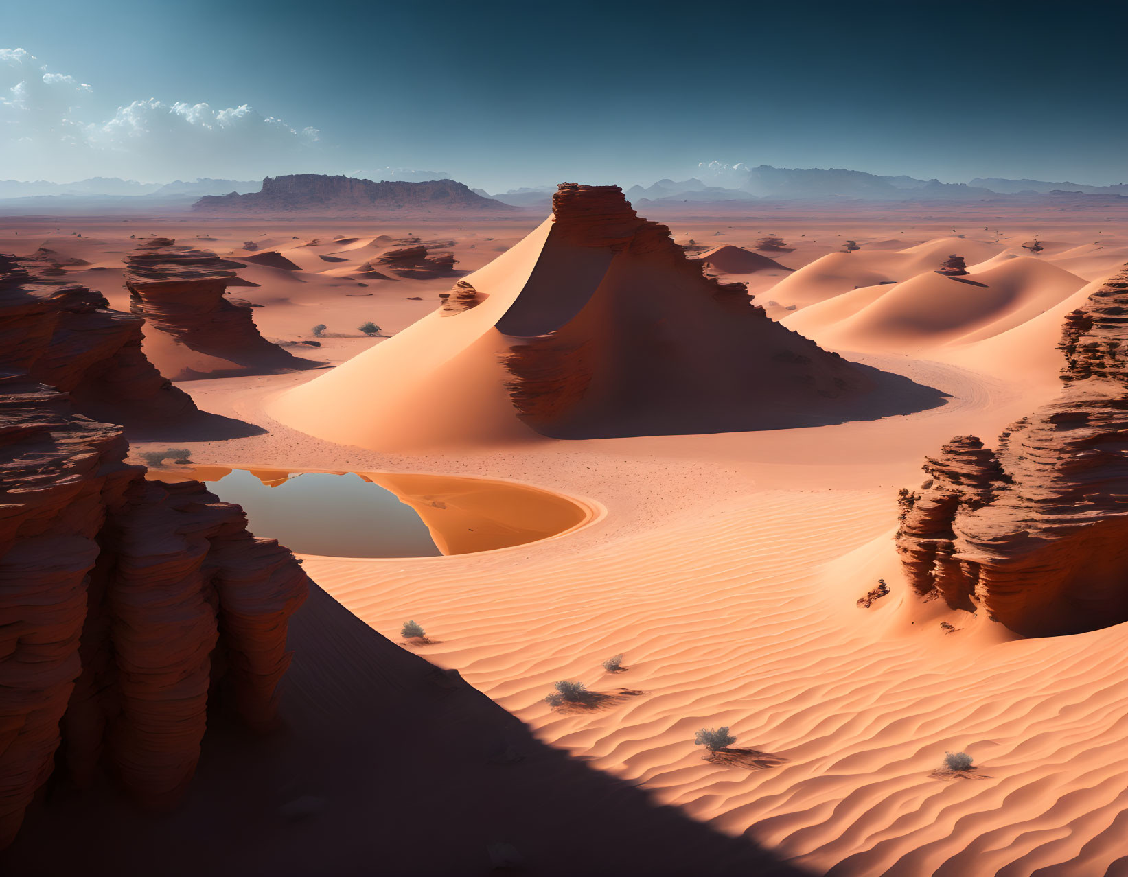 Tranquil desert landscape with sand dunes, rock formations, and oasis