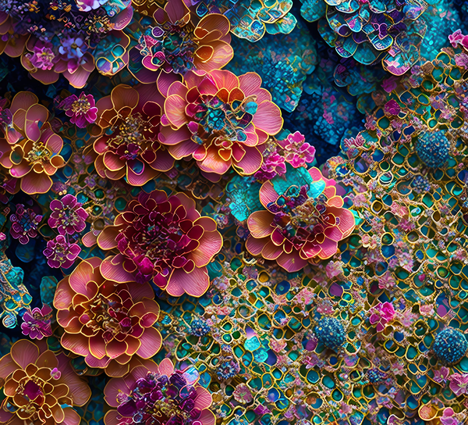 Colorful digital art featuring intricate floral patterns in blue, teal, and gold