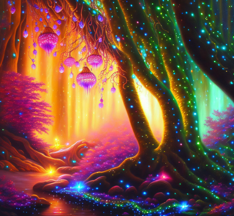 Luminescent fantasy forest with glowing trees and jellyfish-like lights