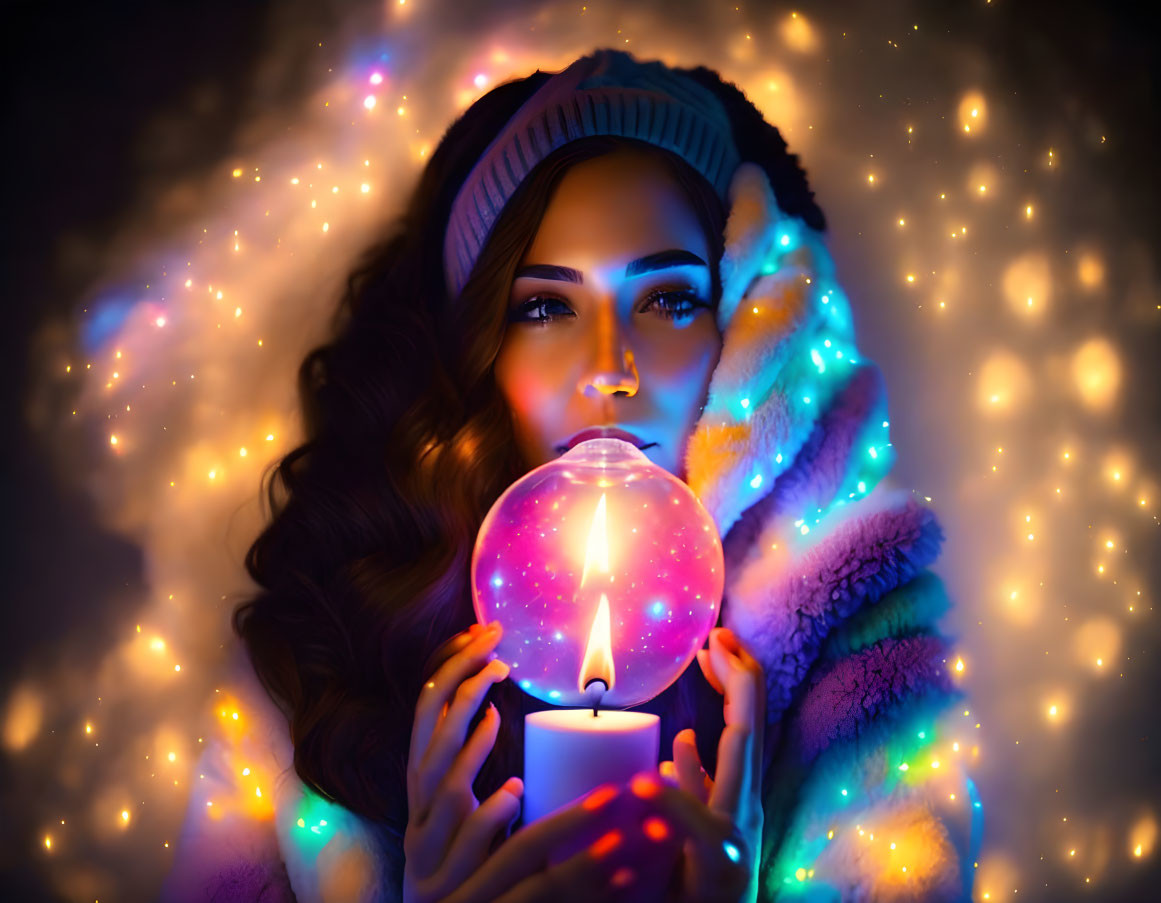 Woman in fur coat holding glowing orb with candle in warm hat and twinkling lights