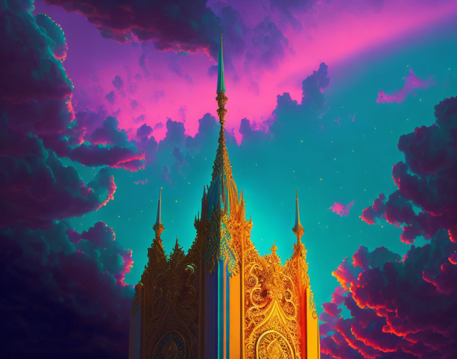 Gothic spire against vivid sky with pink and blue clouds