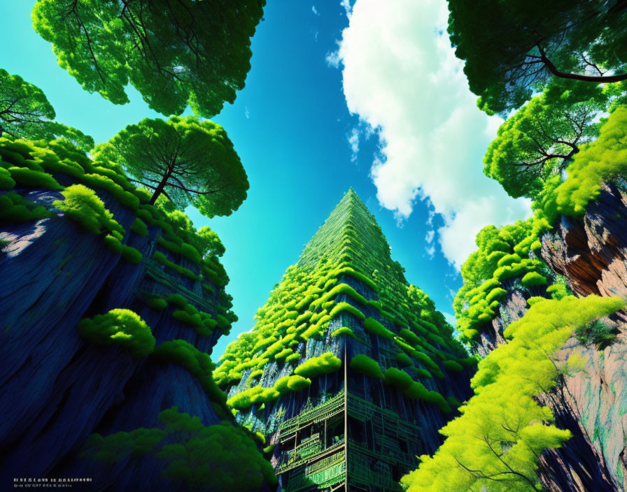 Futuristic skyscraper with lush greenery against blue sky