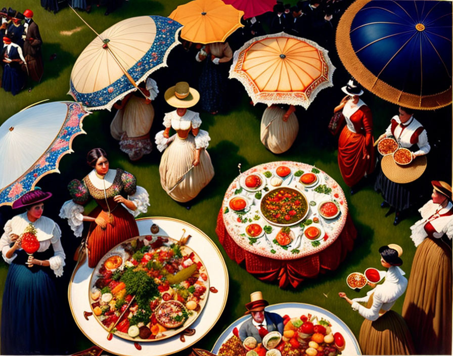 Victorian-themed outdoor feast with oversized food and ornate parasols