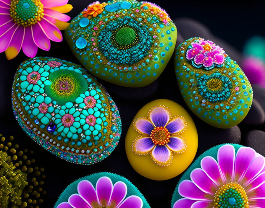 Colorful Decorative Eggs with Intricate Patterns and Flowers on Dark Background