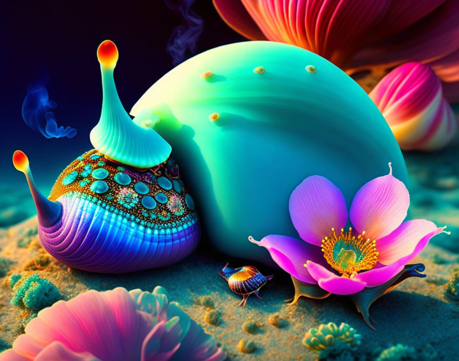 Colorful surreal artwork: stylized snail, patterned shell, teal sphere, fantastical flowers