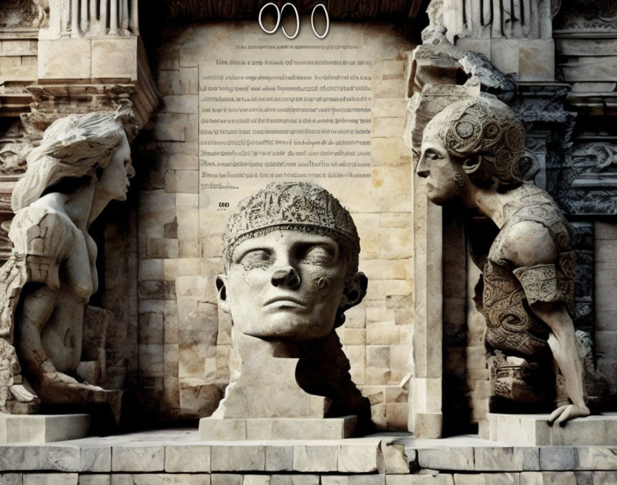 Ancient figure statue head with laurel wreath and inscriptions on stone wall