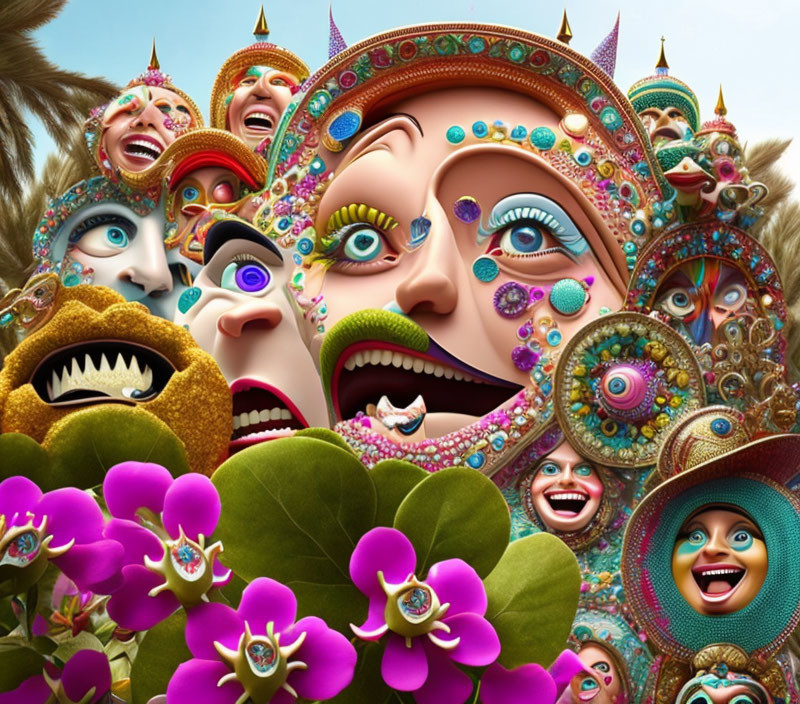 Colorful, detailed image of whimsical faces in floral setting