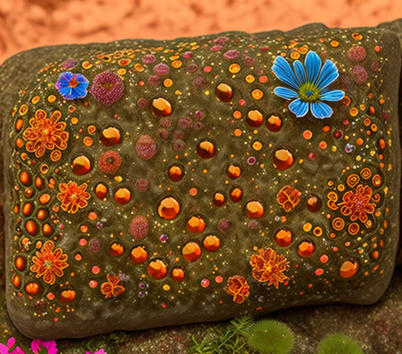 Colorful Embroidered Pillow with Blue and Orange Flowers on Textured Brown Background