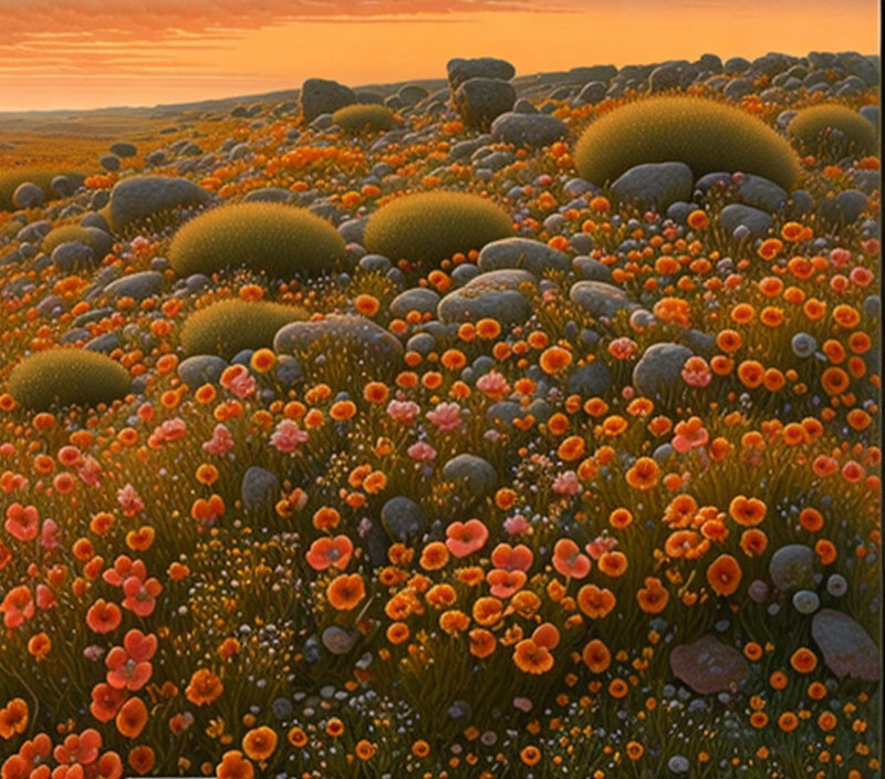 Surreal sunset landscape with mossy rocks and orange flowers