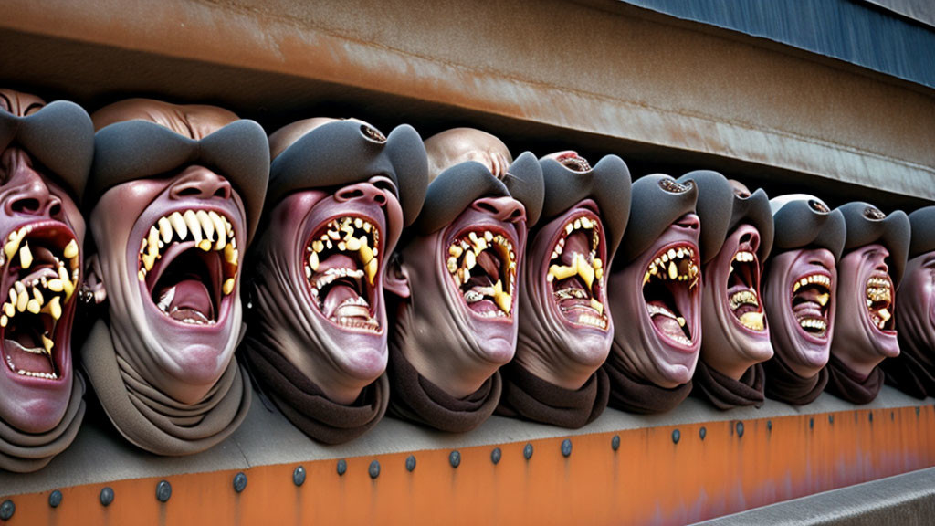 Distorted humanoid sculptures with exaggerated expressions on wall