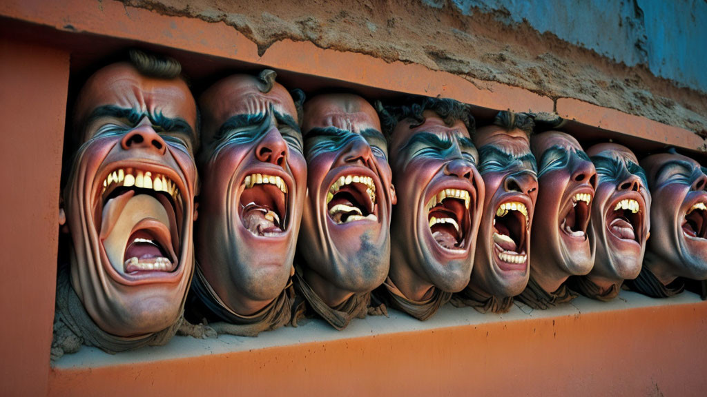 Distorted human faces in relief against brick wall