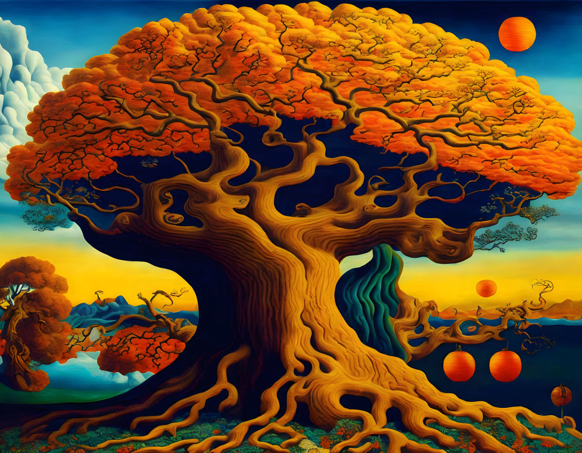 Vibrant surrealistic painting: twisted tree under multiple suns