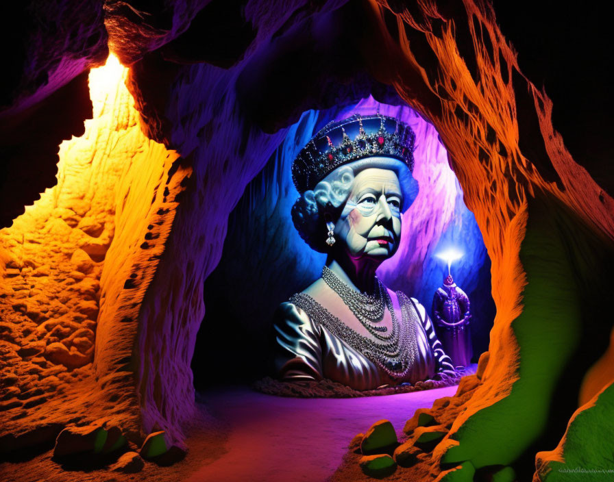 Regal figure with crown holding lantern against colorful cave backdrop