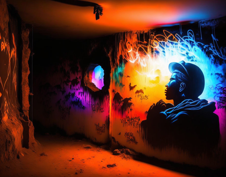 Colorful illuminated graffiti in underground cave-like setting