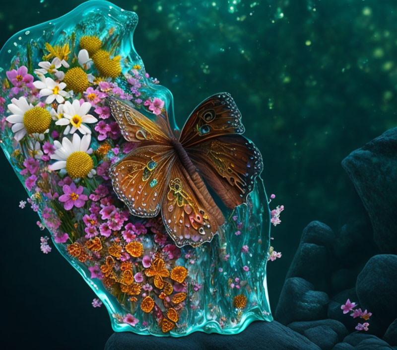 Colorful digital artwork: Butterfly on flowers in transparent splash, aquatic background