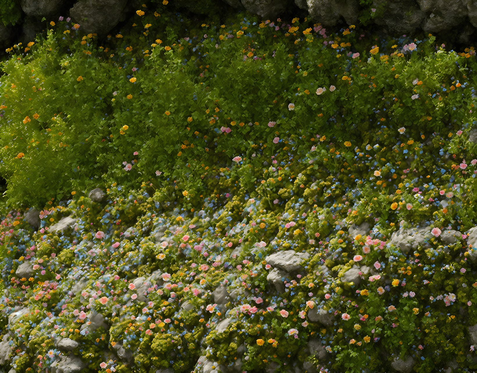 Colorful wildflowers on lush green hillside under soft light