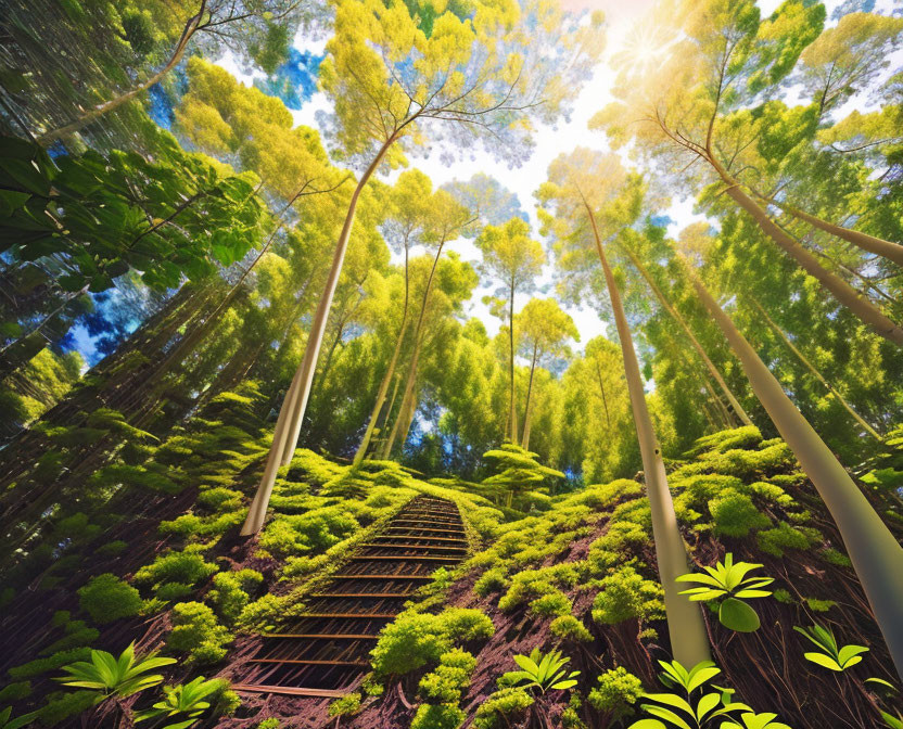 Towering trees in lush green forest with sunlight piercing through foliage