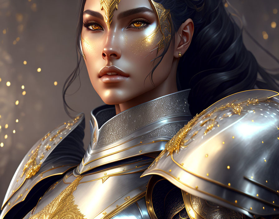 Detailed illustration: Woman in ornate gold-trimmed armor with golden facial tattoo