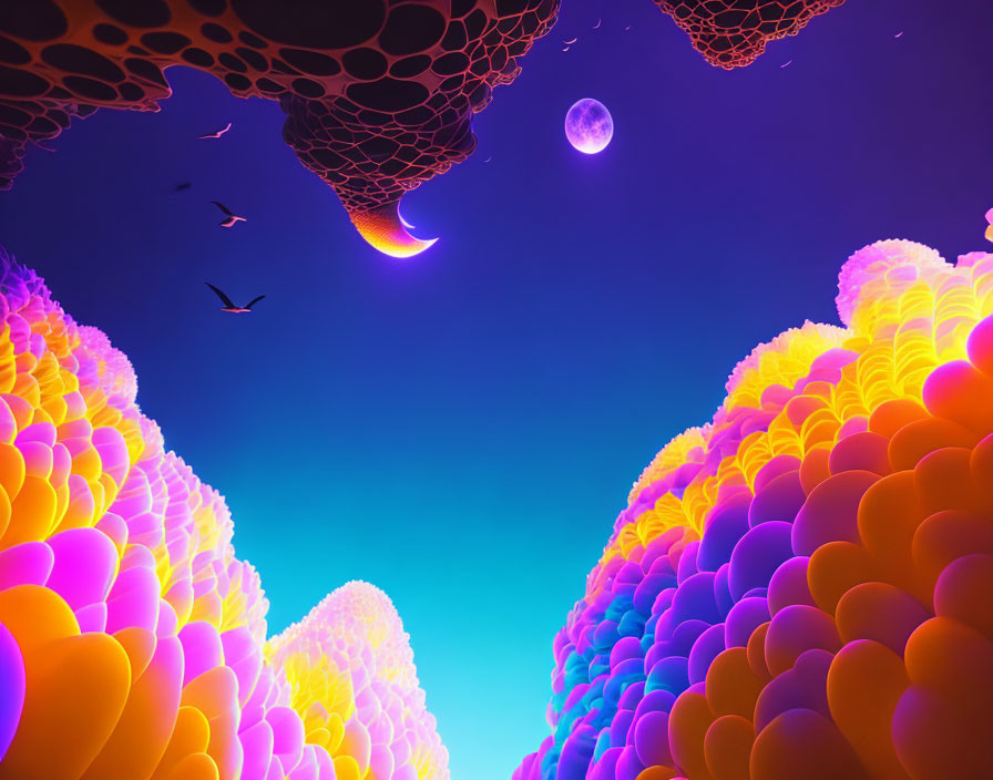 Colorful digital artwork: Bubble-like formations under surreal purple sky