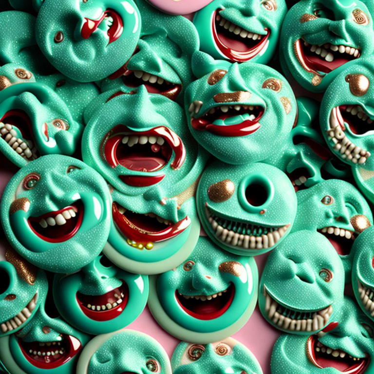 Vibrant 3D Cartoon Faces in Turquoise and Pink