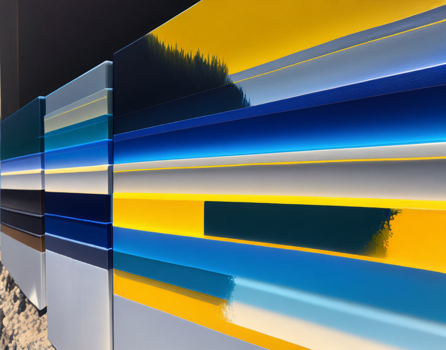 Multilayered abstract art installation in blue, yellow, and white with glossy and matte horizontal stripes