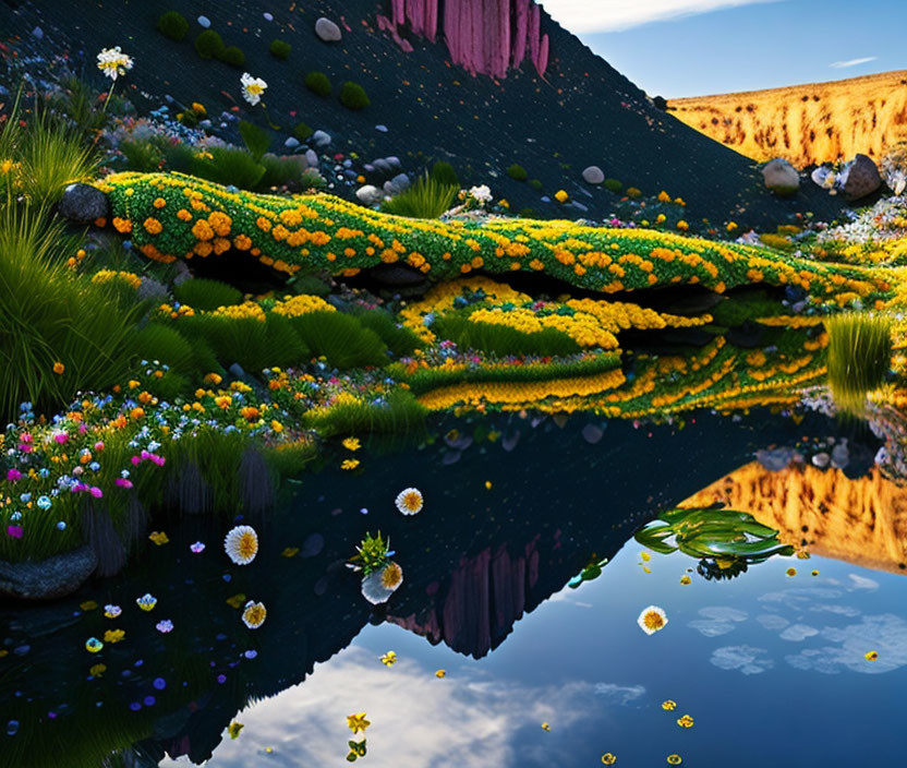 Flower-covered landscape reflected on tranquil water