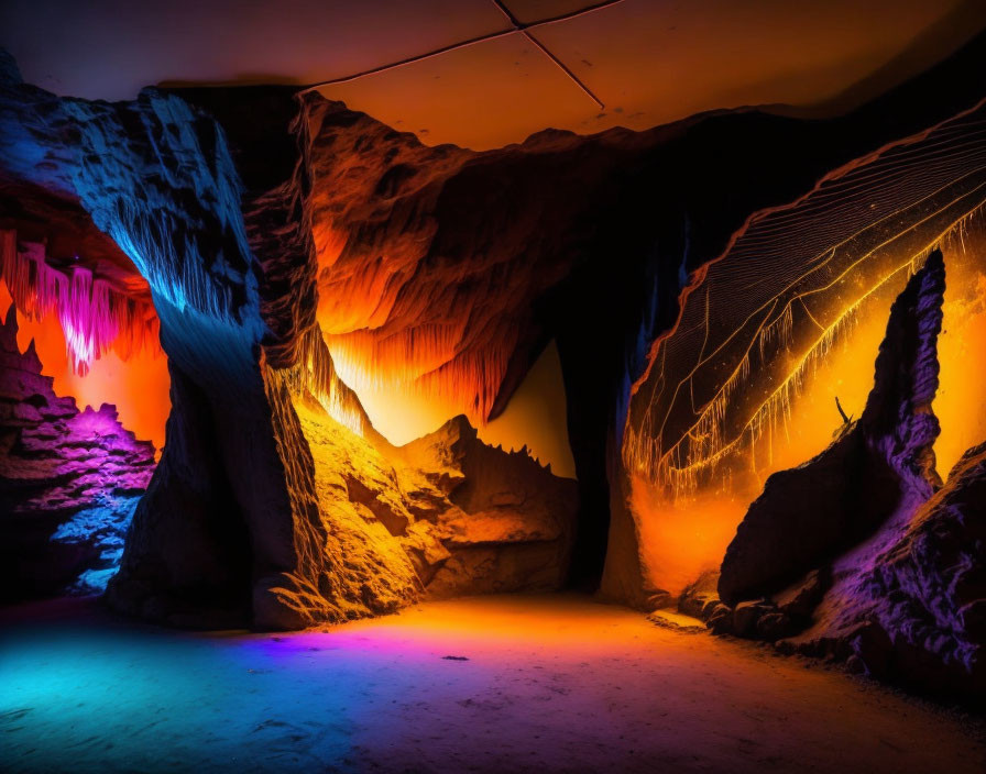 Colorful Cave with Stalactites and Rock Formations