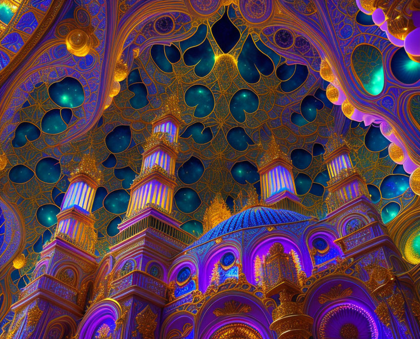 Intricate Islamic art and architecture with domes, arches, and geometric patterns in blue,