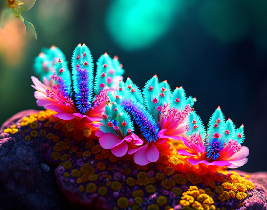 Digitally-enhanced neon blue and pink flowers on mossy rock