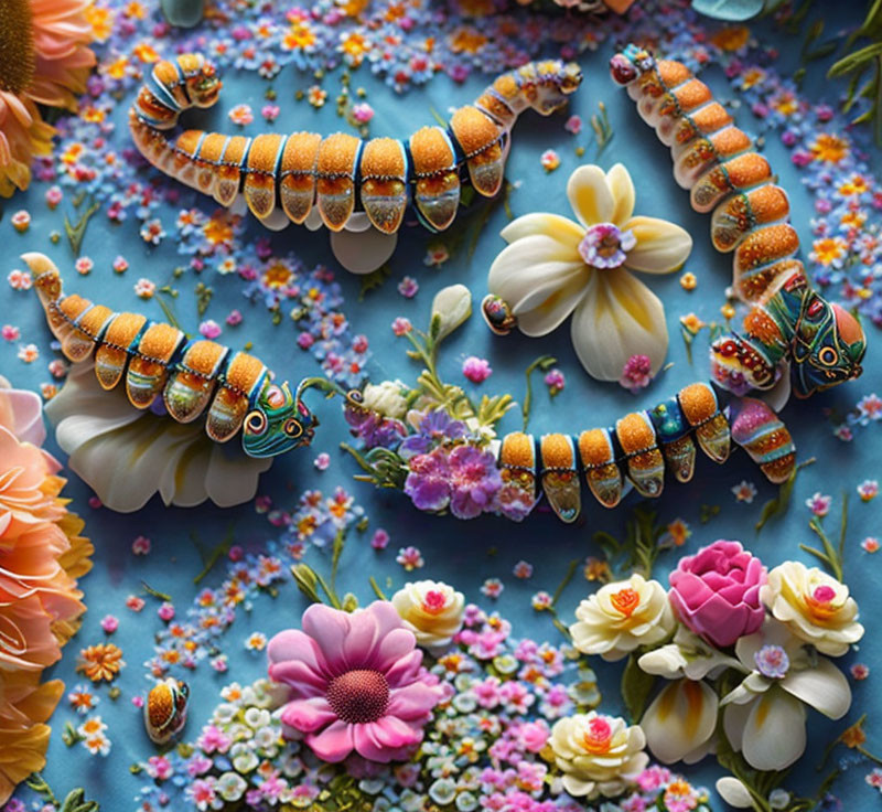 Colorful Caterpillar Surrounded by Flowers on Blue Background