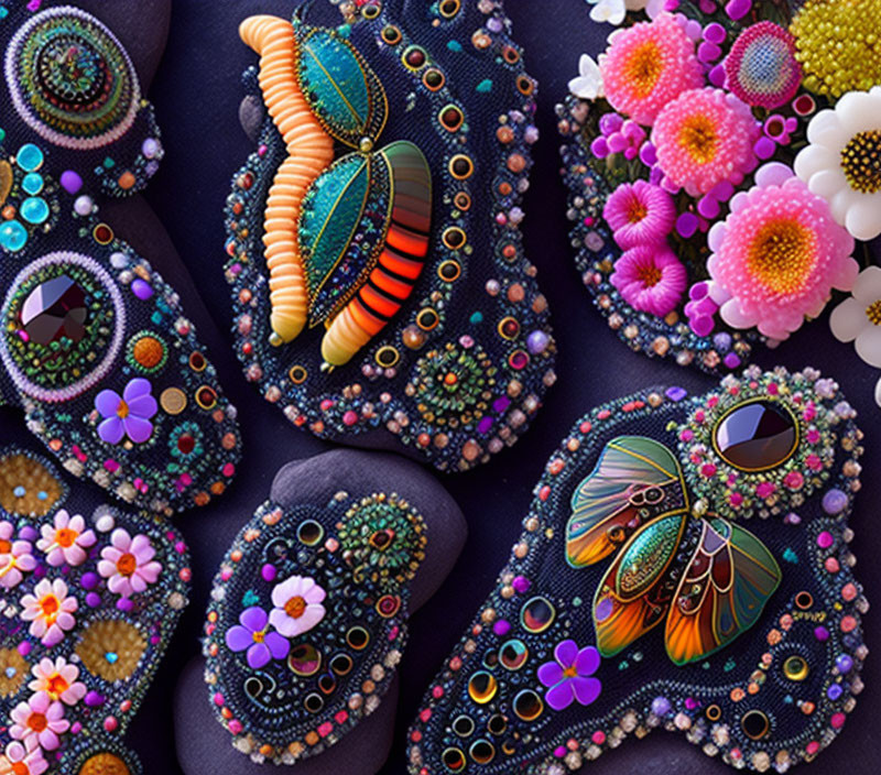 Vibrant Insect and Floral Brooches with Intricate Beadwork