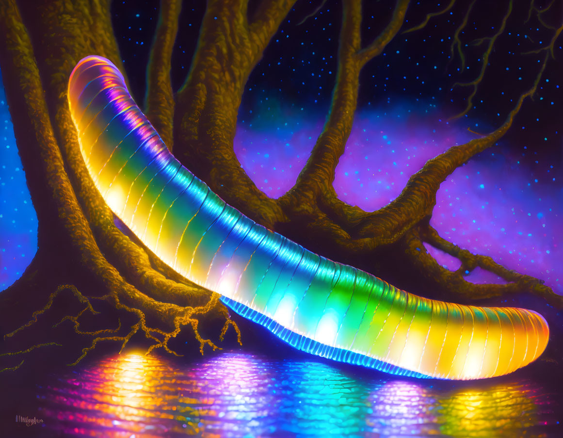 Colorful neon-lit millipede under fantasy tree in vibrant digital illustration