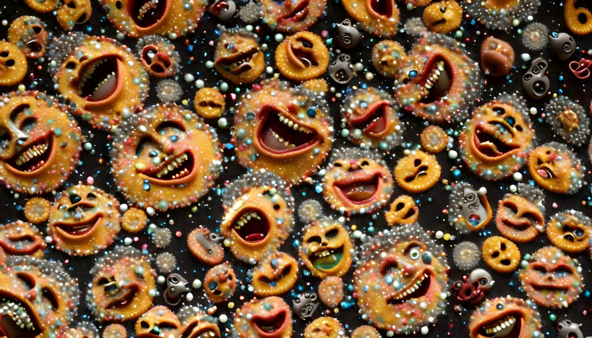 Collection of animated expressive faces against dark glittery backdrop