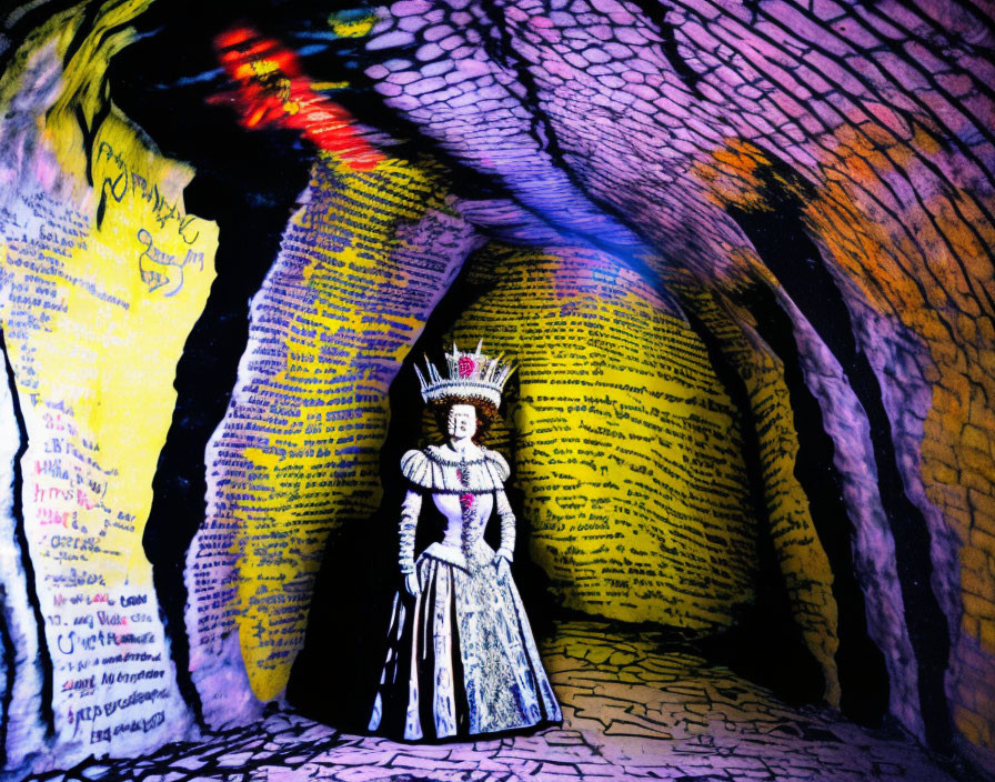 Colorful Tunnel with Vibrant Graffiti Walls and Figure in Period Costume