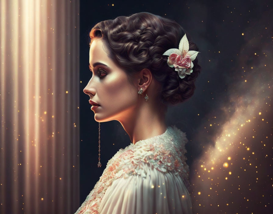 Vintage-inspired elegant woman in lace dress with starry backdrop