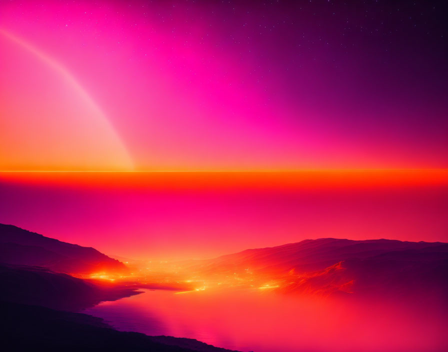 Stunning purple to pink gradient night sky over misty valley