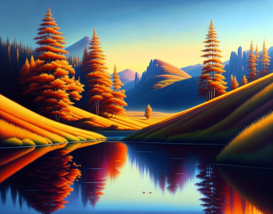 Fiery orange trees in tranquil lake landscape art