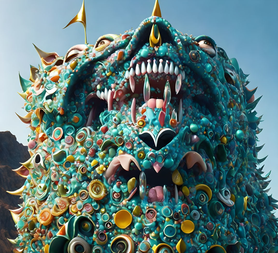 Colorful surreal creature with multiple eyes and sharp teeth in rocky landscape