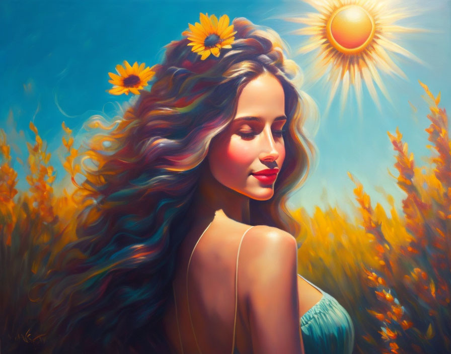 Woman with Flowing Hair and Flowers in Sunny Field Portrait