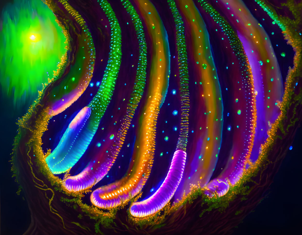 Colorful bioluminescent tentacles in dark aquatic scene